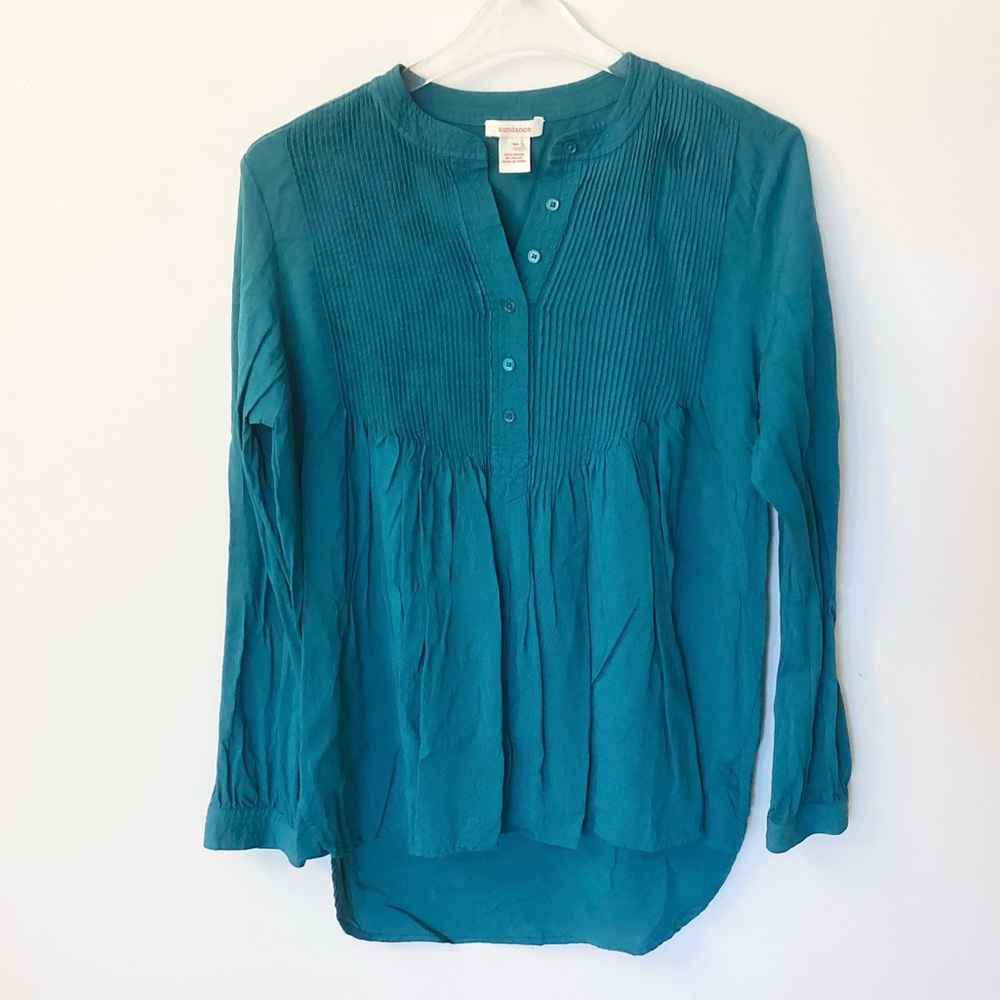Sundance Long Sleeve Pintuck Crinkle Henley Blouse - Teal - M - Picture 1 of 7